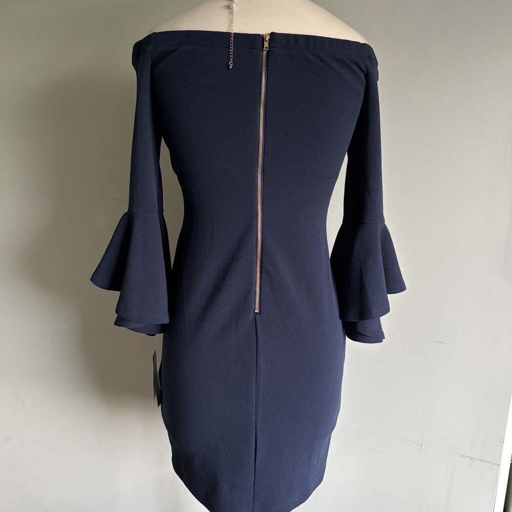 Off-the-Shoulder Navy Blue Bell Sleeve Mini Dress Size 11/12 - Picture 16 of 16